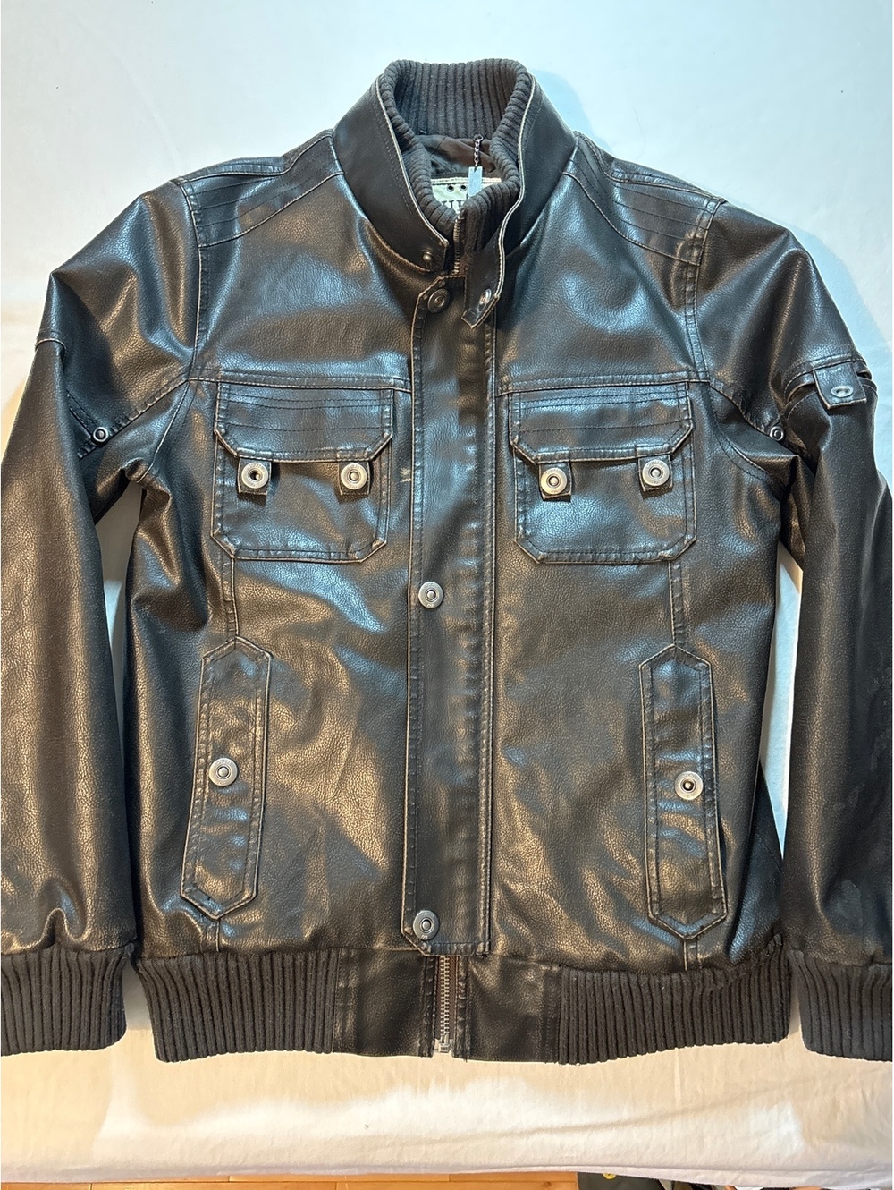 Guess Men's Black Faux Leather Bomber Jacket Ribbed Collar